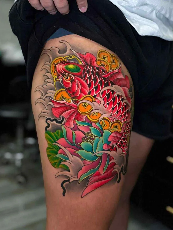 Collection of beautiful carp tattoos on the thighs leading the 2025 trend